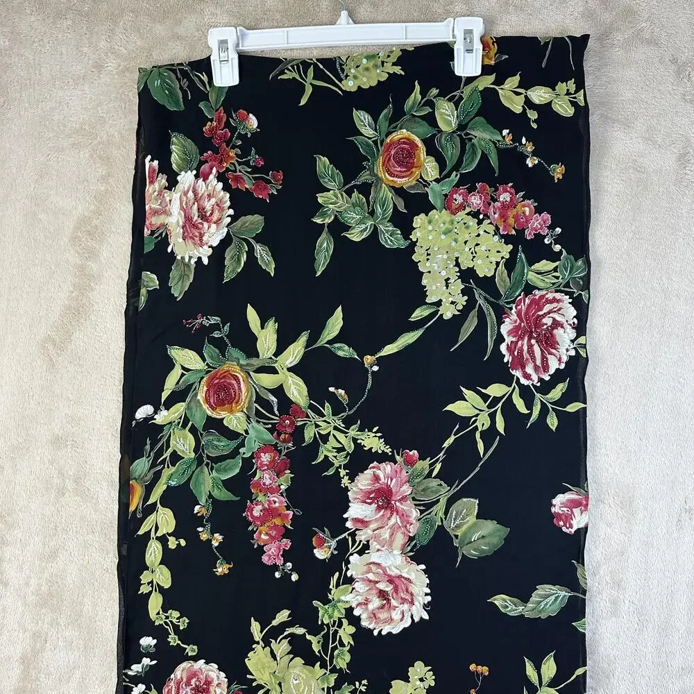 Kay Unger Silk Scarf Womens Black Chiffon Beaded Rose Floral Fringe 80